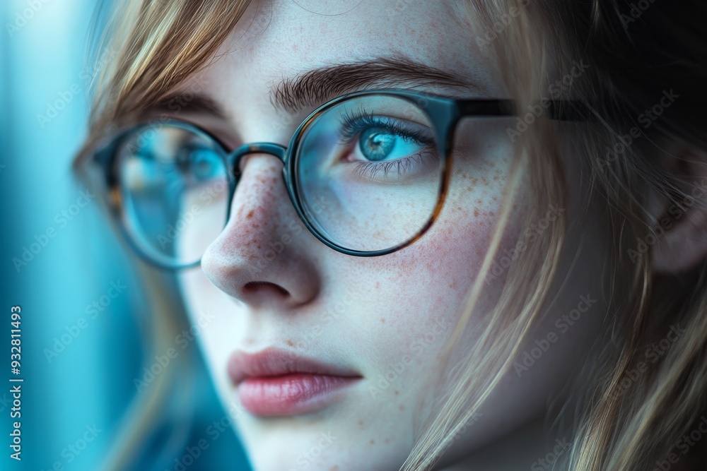 Close-up Portrait of a Young Woman with Glasses Looking Away Close-up Portrait of a Young Woman with Glasses Looking Away