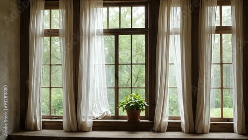 Window with white curtains and plant in a pot on the window sill.