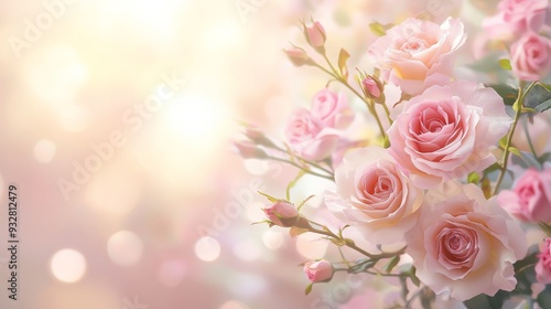 A delicate bouquet of festive roses and light pink flowers creates a soft pastel backdrop, perfect for a floral card.