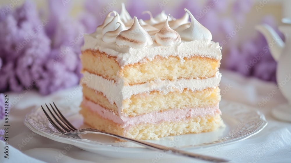 A piece of meringue cake on an elegant plate A piece of meringue cake on an elegant plate