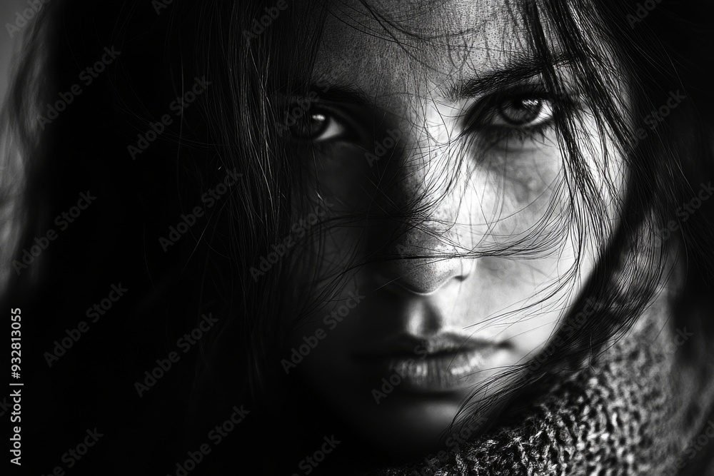 Black and White Portrait of a Woman with Intense Gaze Black and White Portrait of a Woman with Intense Gaze