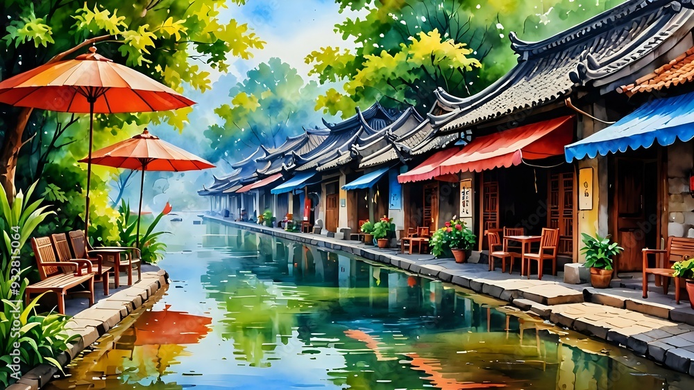 Watercolor painting of a quaint canal lined with traditional Chinese buildings and colorful awnings. Watercolor painting of a quaint canal lined with traditional Chinese buildings and colorful awnings.