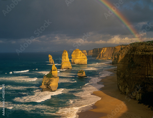 Rainbow and 12 Apostles. Port Campbell National Park, Great Ocean Road, Victoria, Australia.