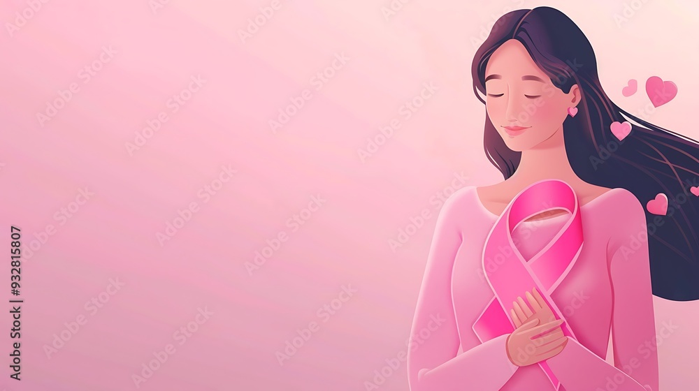A banner featuring a woman holding a pink ribbon close to her heart, with a soft pink gradient background, symbolizing personal commitment to breast cancer awareness. 8k UHD, suitable for high-quality A banner featuring a woman holding a pink ribbon close to her heart, with a soft pink gradient background, symbolizing personal commitment to breast cancer awareness. 8k UHD, suitable for high-quality