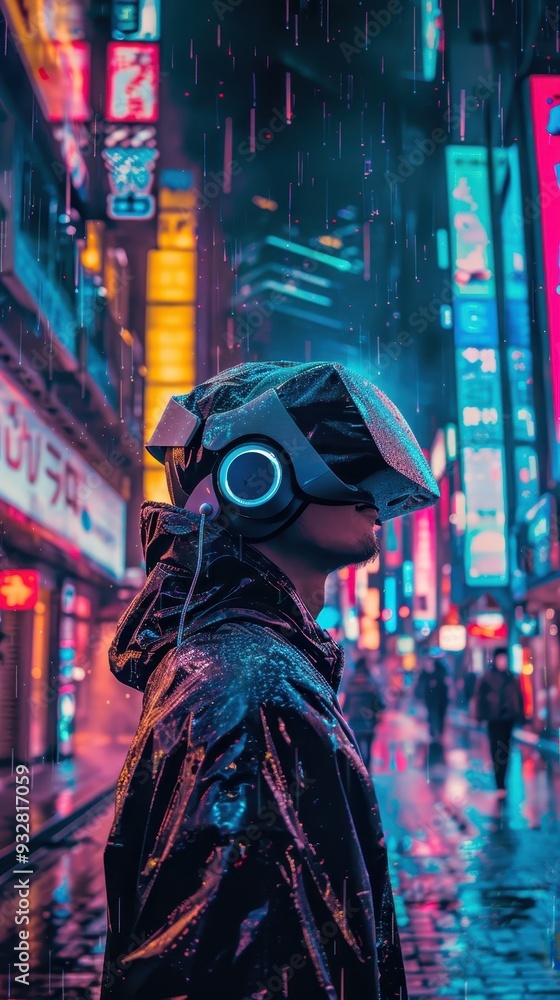 A young gamer immersed in a virtual reality experience while rain falls on bright neon city streets at night A young gamer immersed in a virtual reality experience while rain falls on bright neon city streets at night