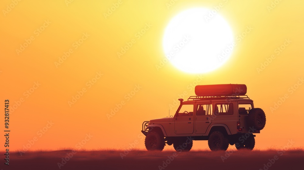 Fototapeta premium 3D Safari Jeep Adventure in Savanna Sunset - Travel Concept with Wildlife Exploration, Generative Ai