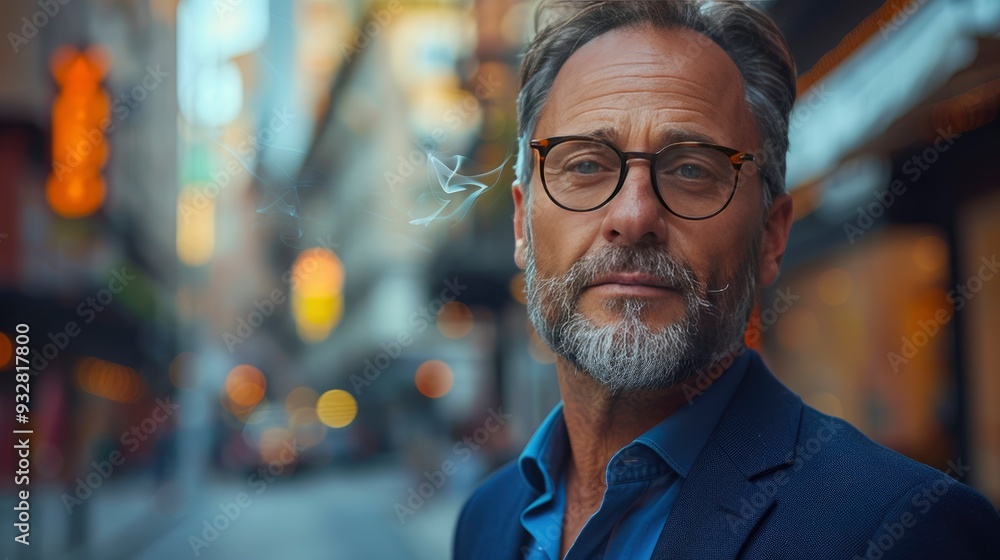 portrait of mature businessman standing on city street smoking cigarette handsome man with glasses in suit in front of office building portrait of mature businessman standing on city street smoking cigarette handsome man with glasses in suit in front of office building