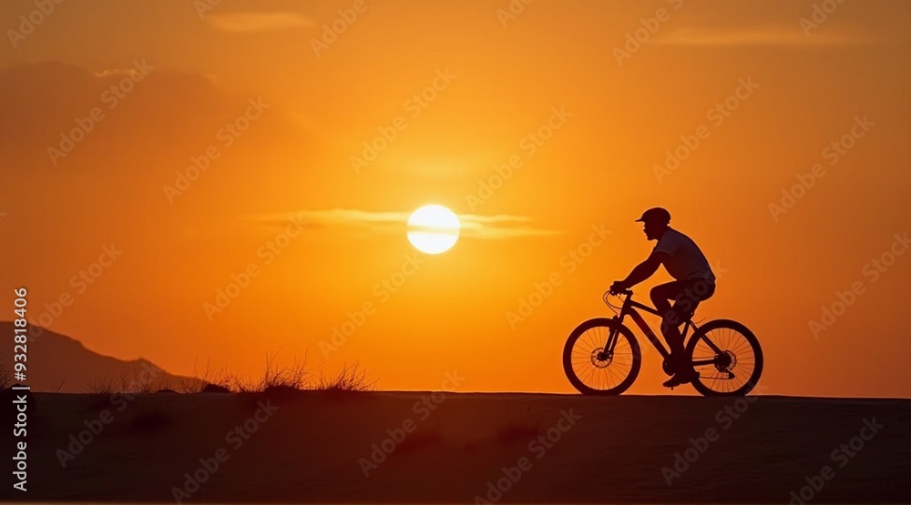 A serene silhouette of a cyclist against a vibrant sunset, ideal for travel or leisure promotions, with copy space. A serene silhouette of a cyclist against a vibrant sunset, ideal for travel or leisure promotions, with copy space.