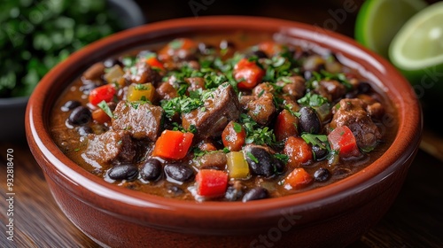 Close-Up Shot of a Bowl of Chili with Meat, Black Beans and Peppers photo