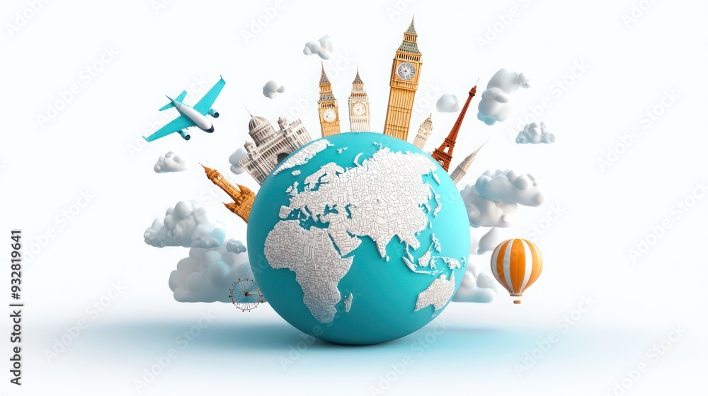 Naklejka premium 3D Globe Featuring Famous Landmarks with Soft Clouds Background - Travel the World Concept with Copy Space for Text, Generative Ai