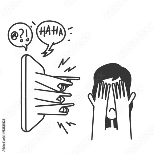 online cyber bullying attack on social media from mobile phone in doodle hand drawing
