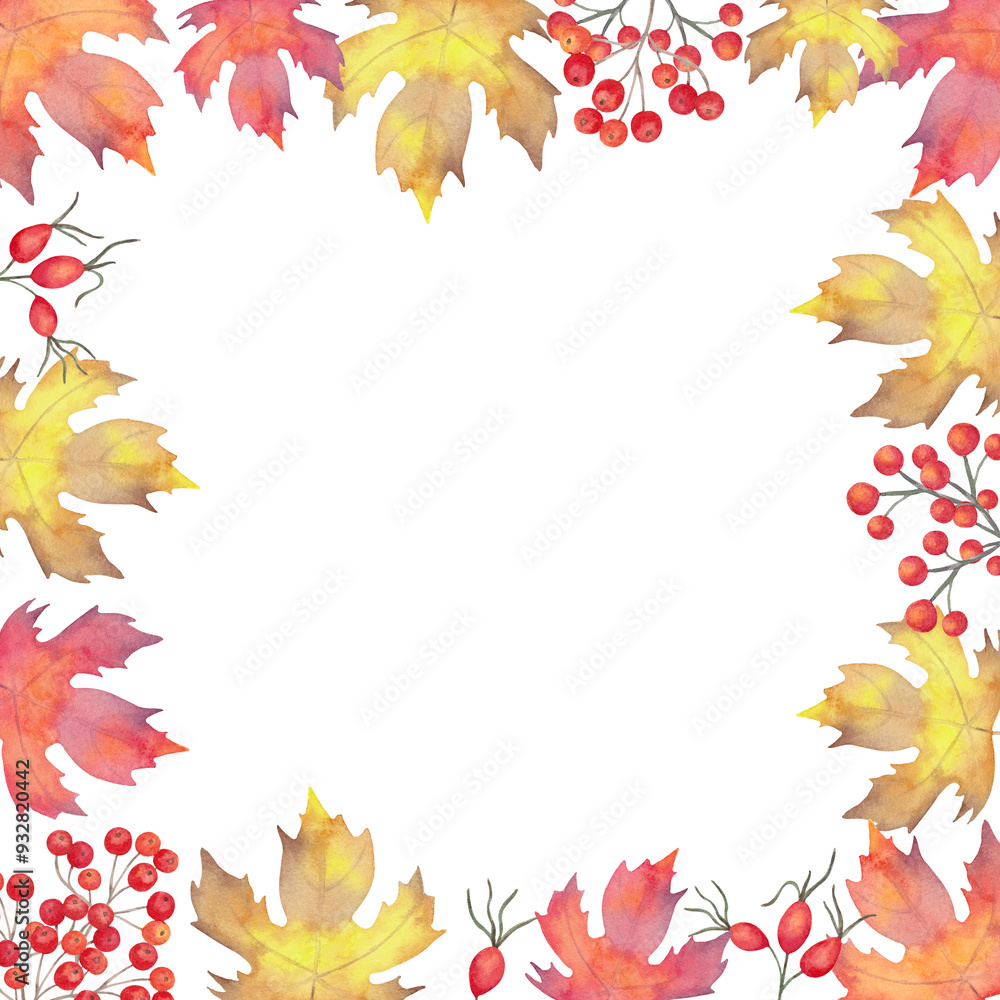 Square autumn frame of leaves with rowan berries, rose hips. Watercolor botanical illustration. Hand drawn isolated background. Banner for invitations, quotes, decorations for Thanksgiving, Halloween Square autumn frame of leaves with rowan berries, rose hips. Watercolor botanical illustration. Hand drawn isolated background. Banner for invitations, quotes, decorations for Thanksgiving, Halloween