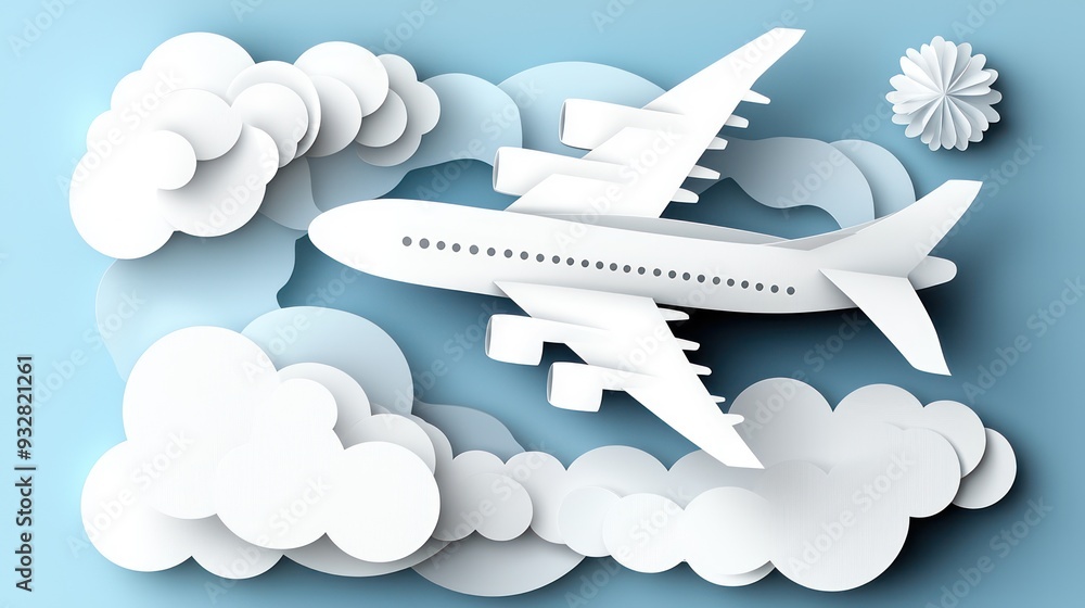 Airplane Window View in Paper Cut Style with Clouds and Sky - Travel Concept and Aerial Perspective Background with Copy Space, Generative Ai Airplane Window View in Paper Cut Style with Clouds and Sky - Travel Concept and Aerial Perspective Background with Copy Space, Generative Ai