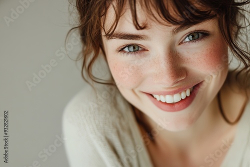Close-up of cheerful woman with freckles smiling