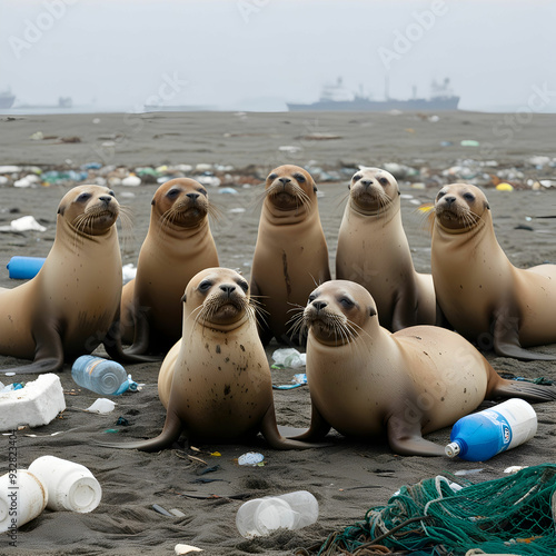 A group of sea lions on the polluted beach photo