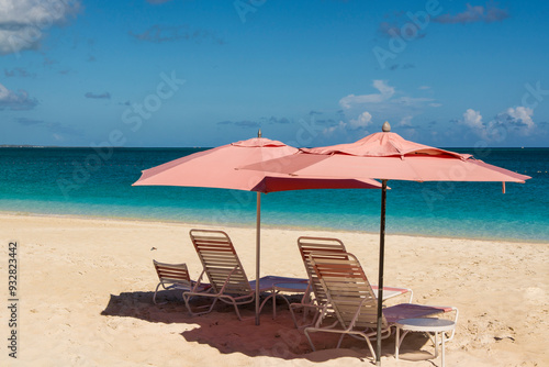 Beach umbrellas on Grace Bay Beach, Providenciales, Turks and Caicos Islands, Caribbean. photo