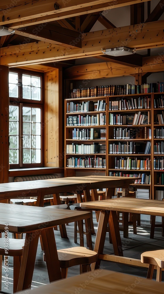 School library with neat bookshelves, wooden study tables
School library with neat bookshelves, wooden study tables
