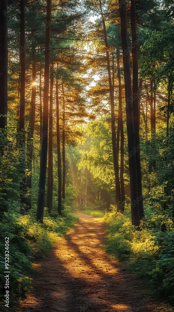 Fototapeta premium Scenic Forest Path in Lush Green Pine Trees