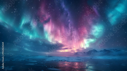 Wallpaper Mural Aurora Borealis over Snowy Mountains - Illustration Torontodigital.ca