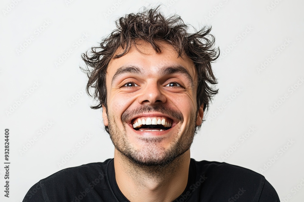 Joyful man with curly hair laughing against white background Joyful man with curly hair laughing against white background