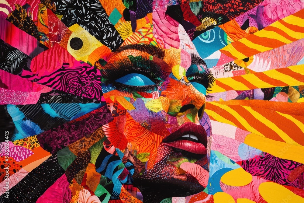 Obraz premium Vibrant collage portrait featuring abstract patterns and textures in a variety of colors. The composition blends realism and abstraction, creating a dynamic and energetic visual experience.