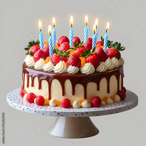 Beautiful Birthday Cake with Fresh Strawberries and Lit Candles on a White Background
