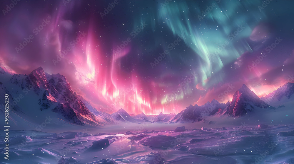 Snowy Mountains with Aurora Borealis Illustration Snowy Mountains with Aurora Borealis Illustration