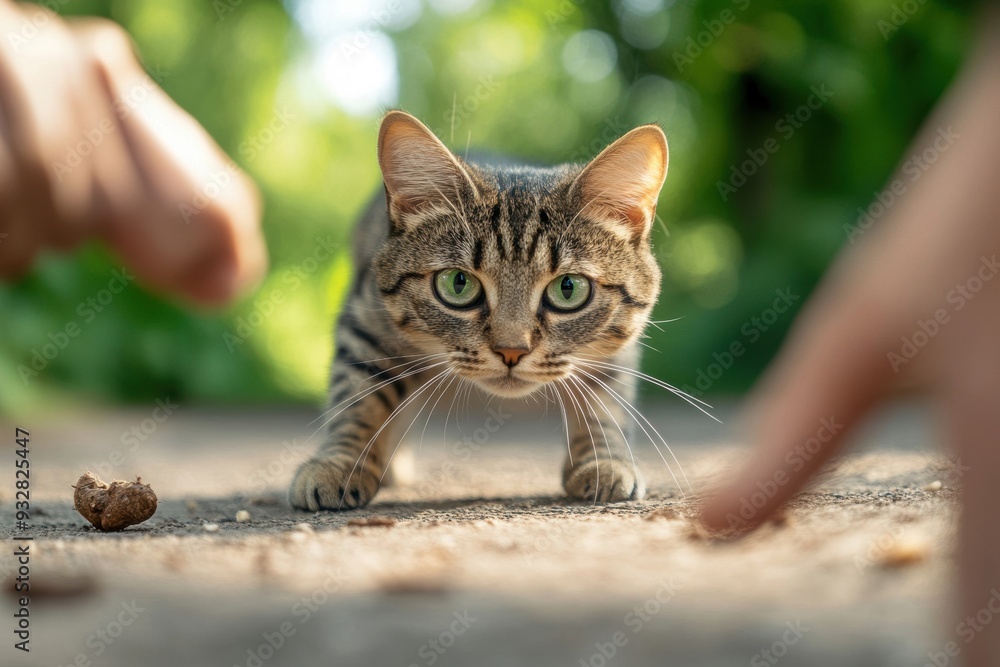 A cat cautiously approaching a stranger with claws ready, displaying defensive behavior and alertness as it assesses the unfamiliar presence. A cat cautiously approaching a stranger with claws ready, displaying defensive behavior and alertness as it assesses the unfamiliar presence.
