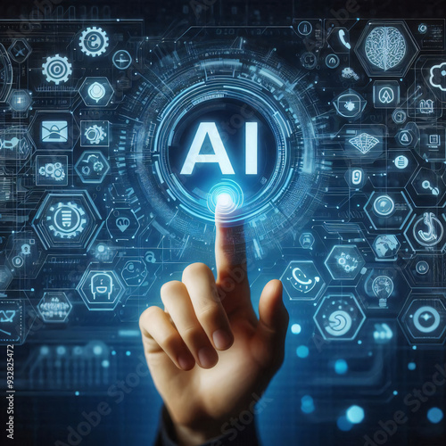 AI concept with businessman hand pressing a button on a technology screen