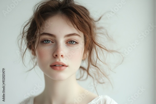 Close-up portrait of young woman with messy hair, soft skin, lig
