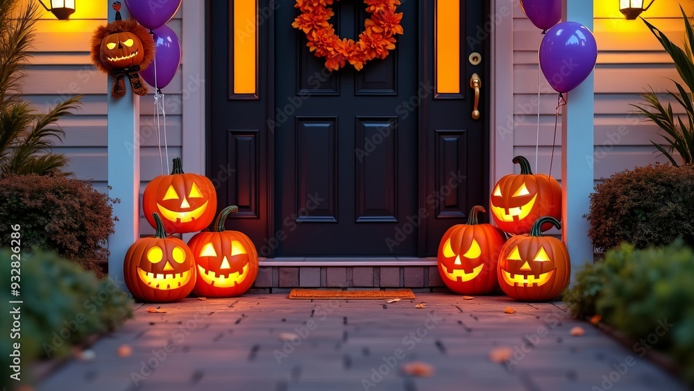 Obraz premium Close-up Halloween setting house entrance with jack-o-lanterns, wreaths, orange and black, purple balloons and ghost doll decorations.
