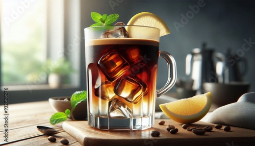 Mazagran served in a tall, clear glass with a handle or a modern tumbler. The Mazagran should feature a refreshing blend of cold coffee with ice cubes photo