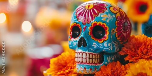 Colorful sugar skull with marigold flowers for Day of the Dead photo