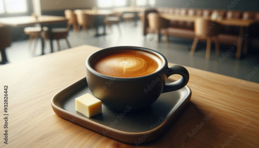 Bulletproof Coffee served in a sleek, modern ceramic cup. The Bulletproof Coffee should feature a rich, dark espresso blended with a creamy layer of unsalted butter and coconut oil Bulletproof Coffee served in a sleek, modern ceramic cup. The Bulletproof Coffee should feature a rich, dark espresso blended with a creamy layer of unsalted butter and coconut oil