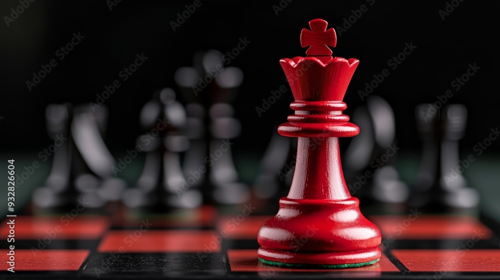 A red king piece dominates a chessboard, with the blurred black opposition in the background, highlighting strategic dominance A red king piece dominates a chessboard, with the blurred black opposition in the background, highlighting strategic dominance