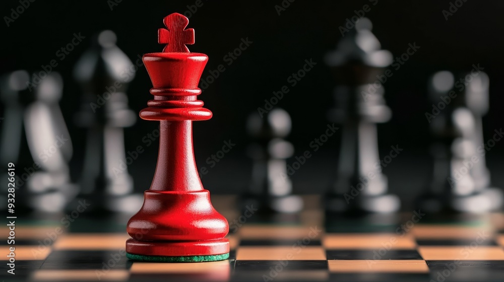 A red king piece dominates a chessboard, with the blurred black opposition in the background, highlighting strategic dominance A red king piece dominates a chessboard, with the blurred black opposition in the background, highlighting strategic dominance