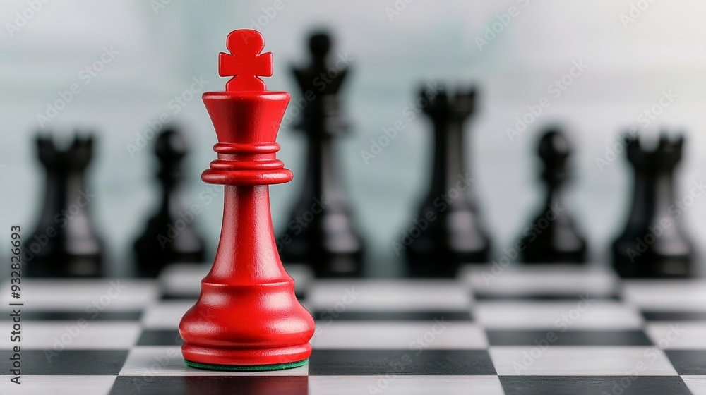A striking red king chess piece in sharp focus, standing alone on a chessboard with blurred black pieces in the background A striking red king chess piece in sharp focus, standing alone on a chessboard with blurred black pieces in the background