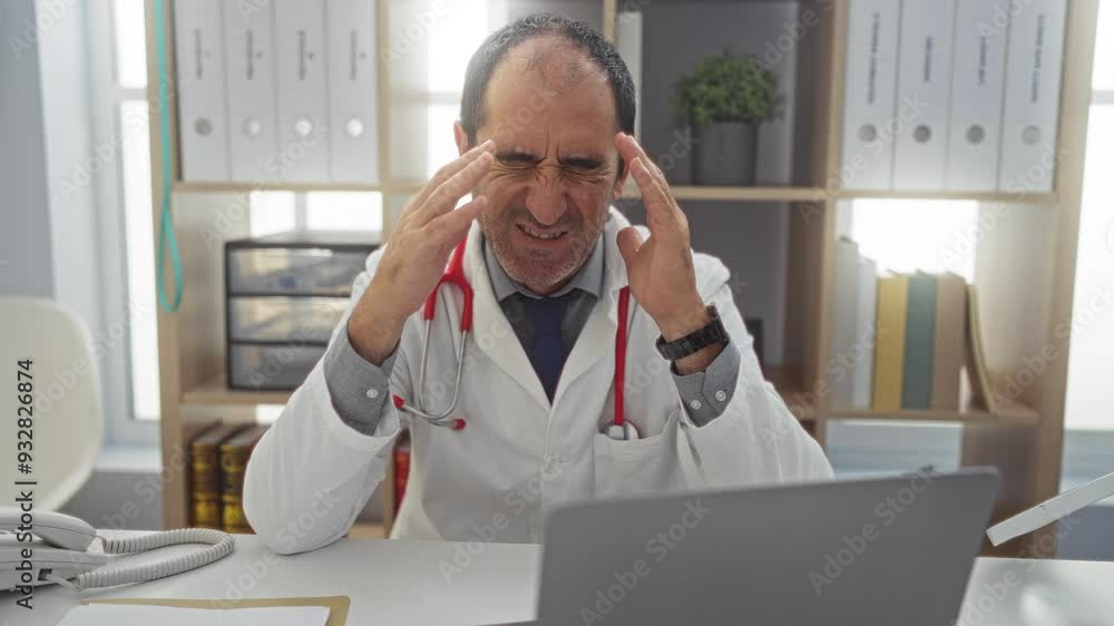 A bald, elderly, hispanic male doctor in a clinic is sitting at a desk, looking stressed and using a laptop indoors, surrounded by office supplies and medical equipment. A bald, elderly, hispanic male doctor in a clinic is sitting at a desk, looking stressed and using a laptop indoors, surrounded by office supplies and medical equipment.