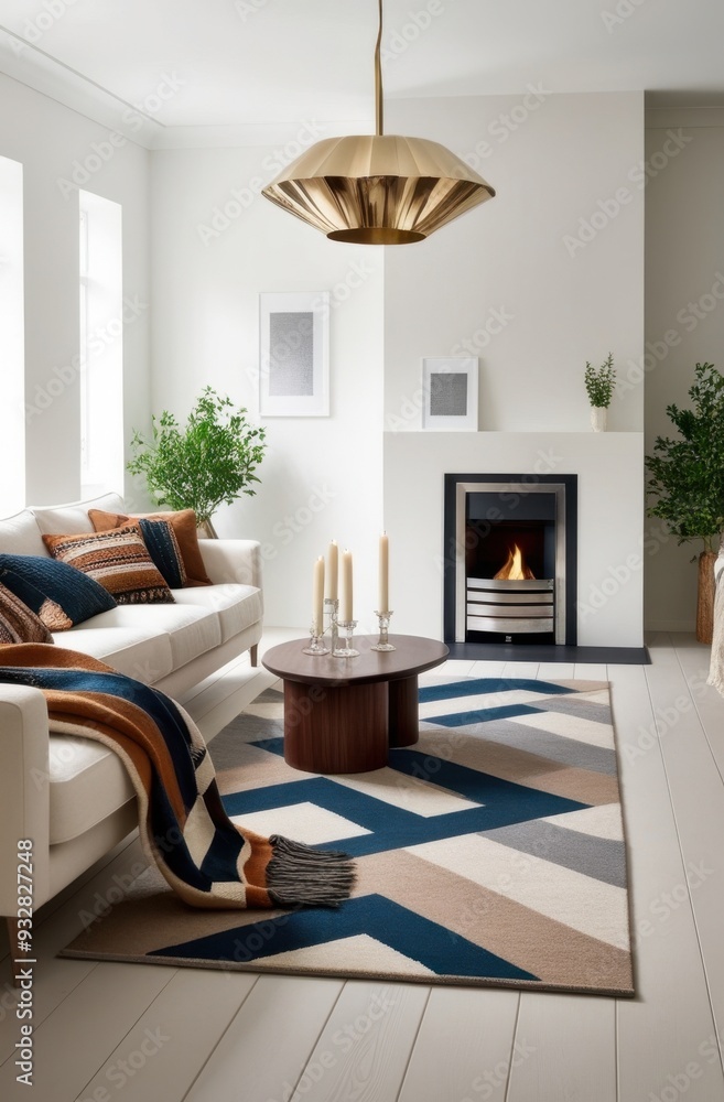 A modern living room featuring a stylish sofa, geometric rug, and a cozy fireplace. A modern living room featuring a stylish sofa, geometric rug, and a cozy fireplace.