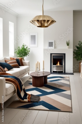 A modern living room featuring a stylish sofa, geometric rug, and a cozy fireplace.