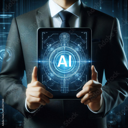 Businessman presenting tablet computer equipped with advanced AI technology