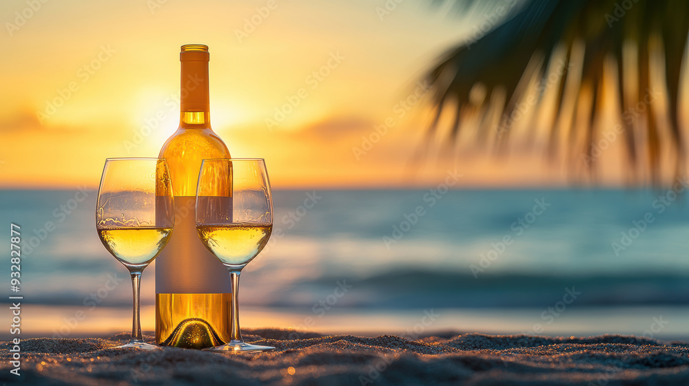 Wine bottle and glasses at a beach sunset with palm trees Wine bottle and glasses at a beach sunset with palm trees