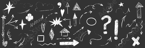 Hand drawn scribble crayon set. Squiggle doodle arrow, question and star set. Crayon texture shape naive. Vector illustration