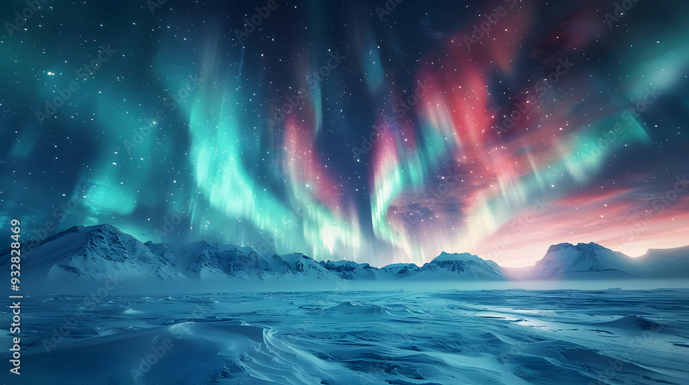 Naklejka premium Aurora Borealis Over Snowy Mountains Illustration