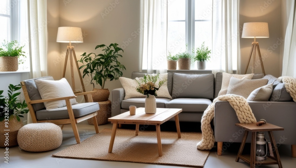 Cozy living room with plants, soft furnishings, and warm lighting for relaxation. Cozy living room with plants, soft furnishings, and warm lighting for relaxation.