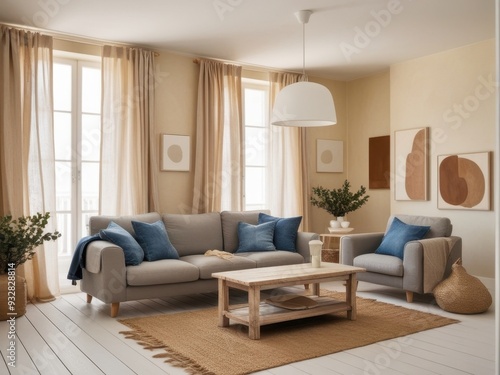 Cozy and modern living room with natural light and minimalist decor.