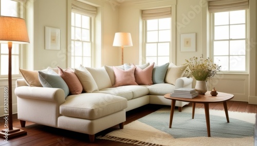 Cozy living room with a sectional sofa, decorative pillows, and a wooden coffee table.