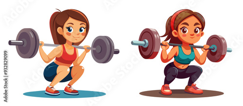 Cute fitness girl squating with barbel vector image