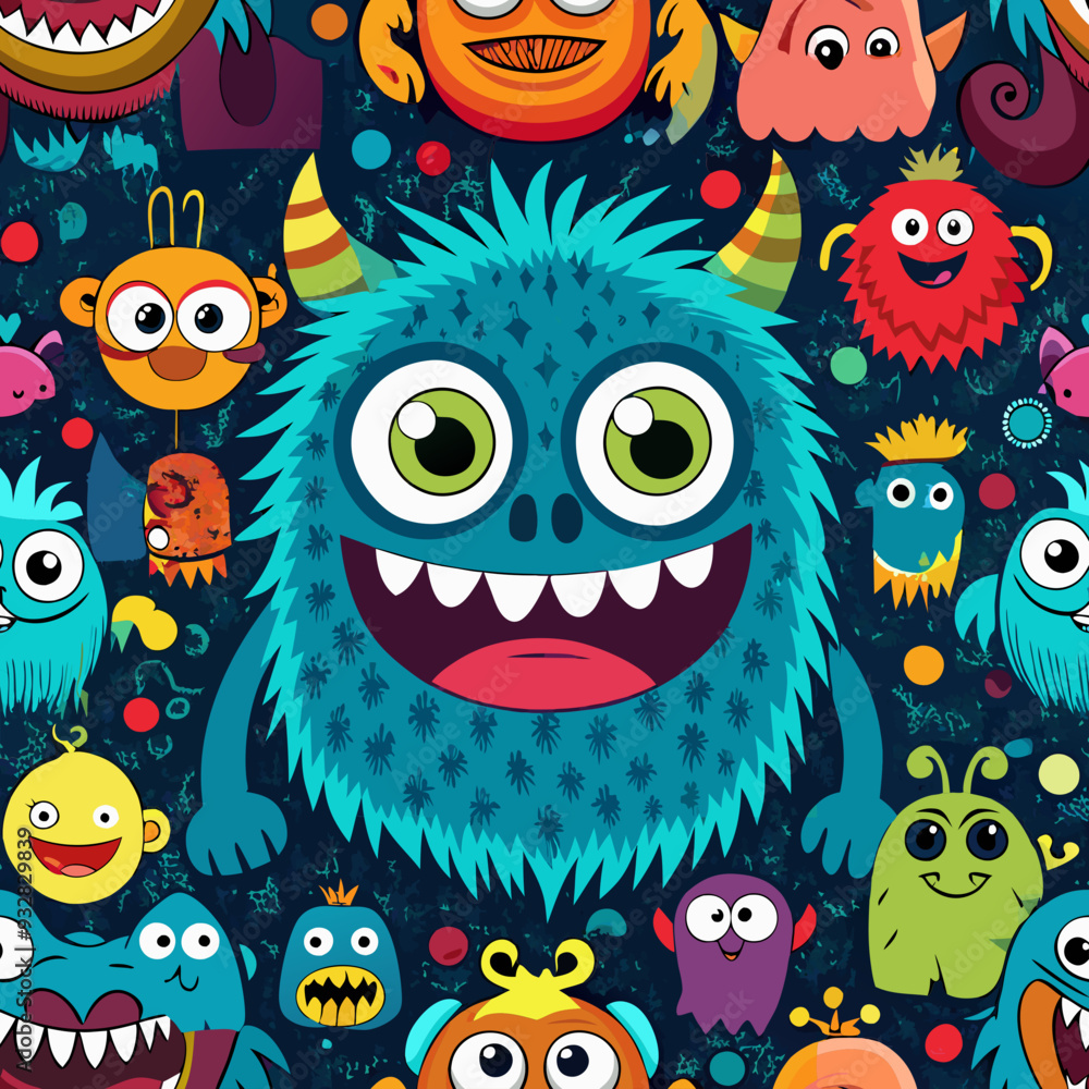 Obraz premium Seamless hipster doodle monster collage pattern vector image