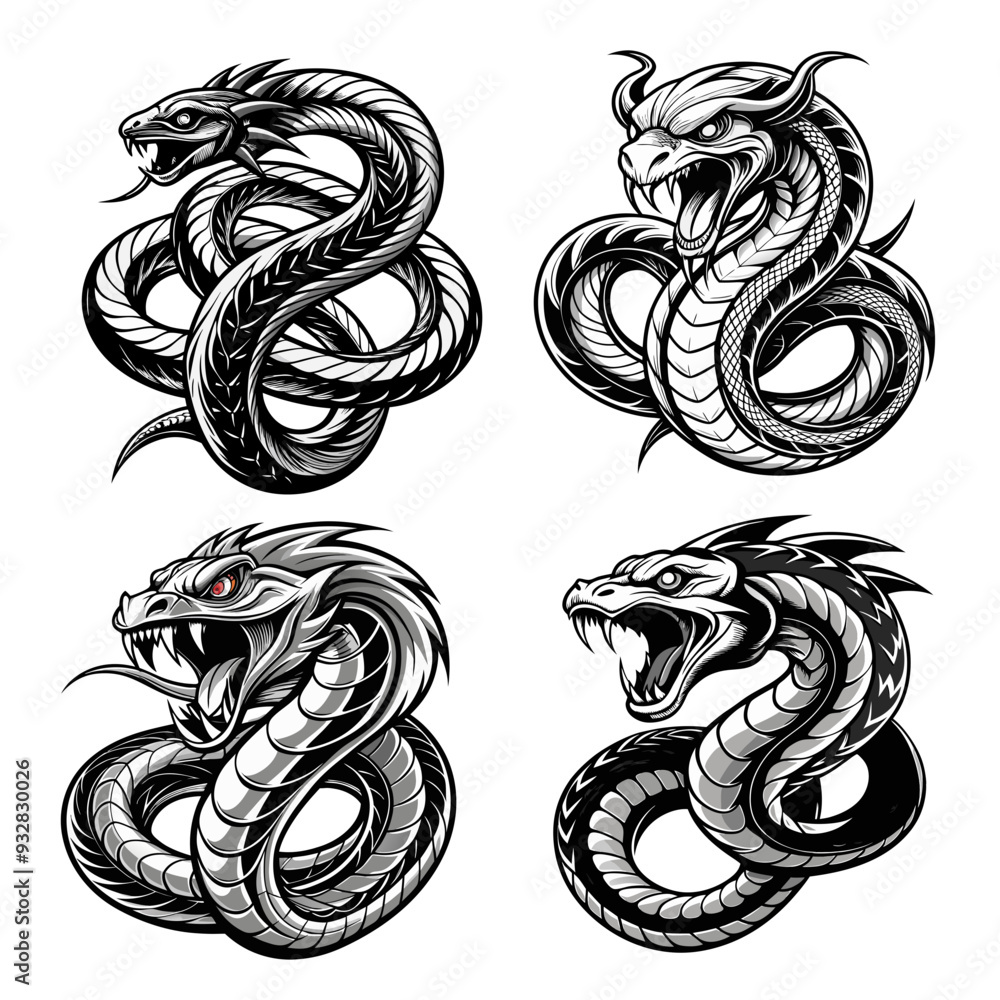 Obraz premium Twisted viper monochrome tattoo style vector image